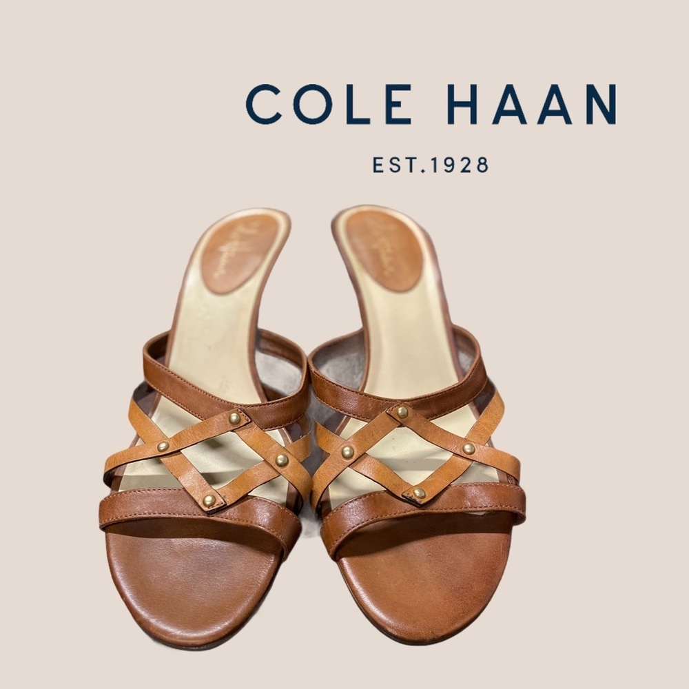 Cole Haan Kitten Heel Brown Woven Sandals 8.5 - Picture 2 of 5